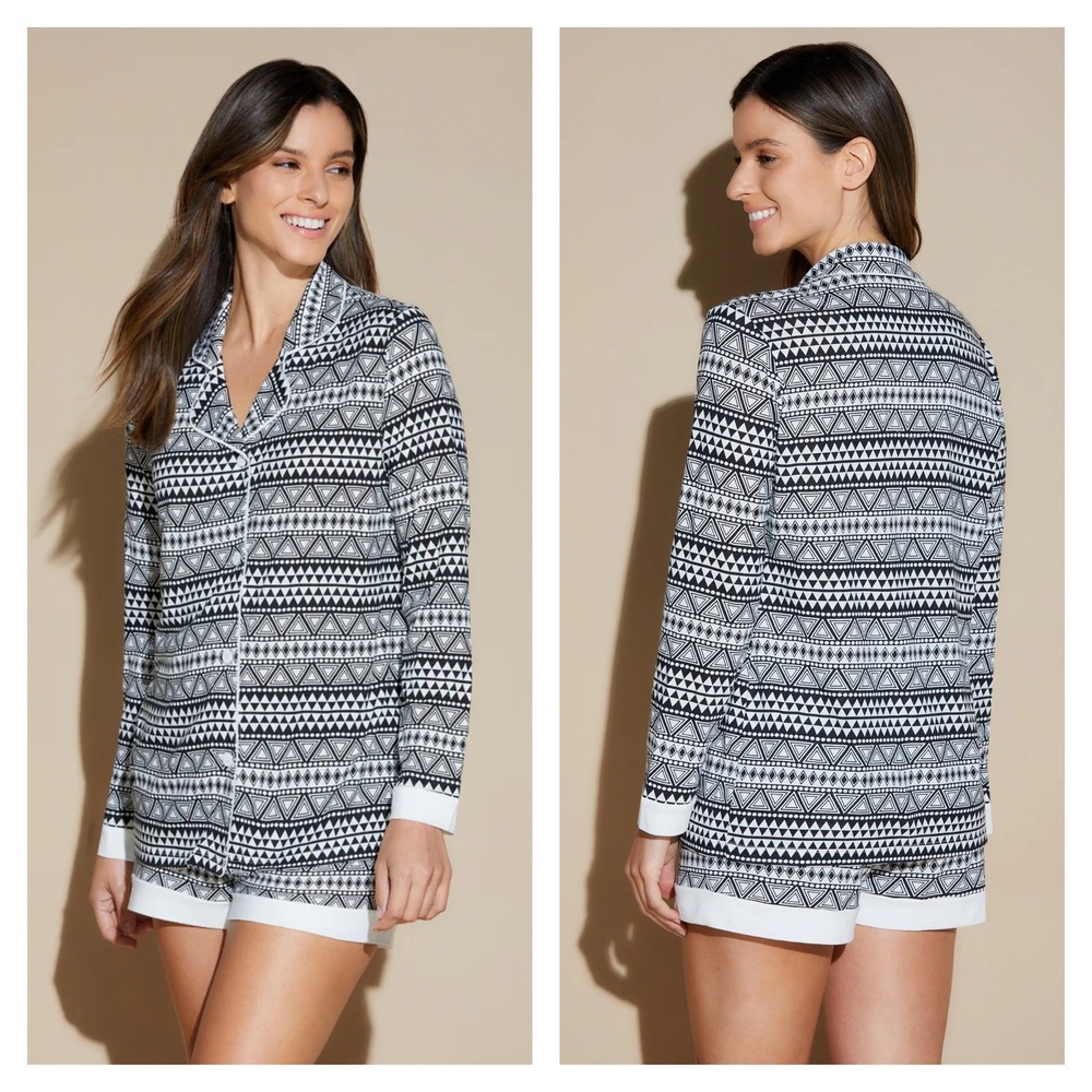 Cosabella Printed Comfort LS Top Boxer Set Women M Black White NWT Geometric